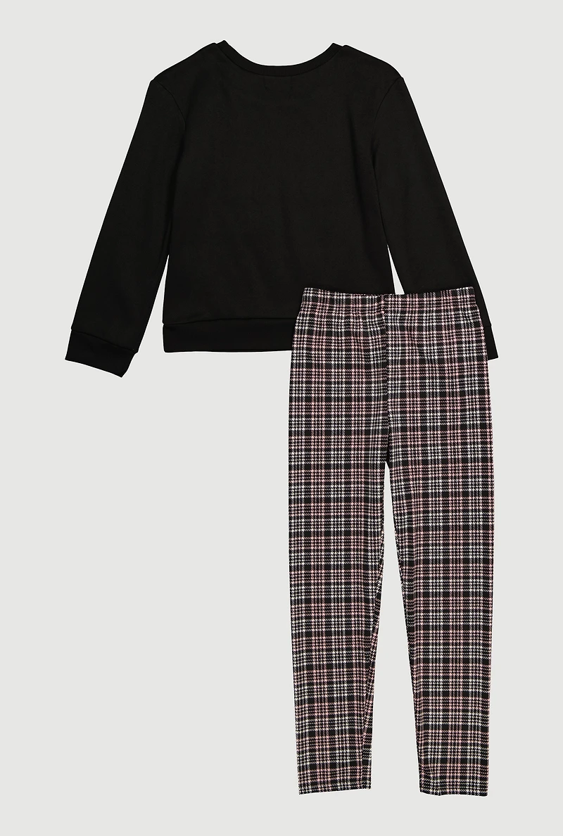 Girls Plaid Bow Graphic Sweatshirt and Leggings,