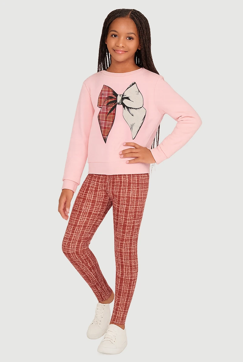 Girls Plaid Bow Graphic Sweatshirt and Leggings, Pink, Size 7-8