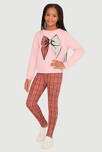 Girls Plaid Bow Graphic Sweatshirt and Leggings, Pink, Size 7-8