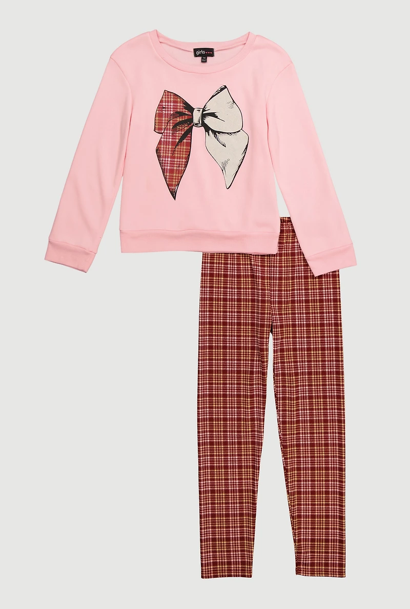Girls Plaid Bow Graphic Sweatshirt and Leggings, Pink, Size 10-12