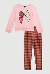 Girls Plaid Bow Graphic Sweatshirt and Leggings, Pink, Size 10-12