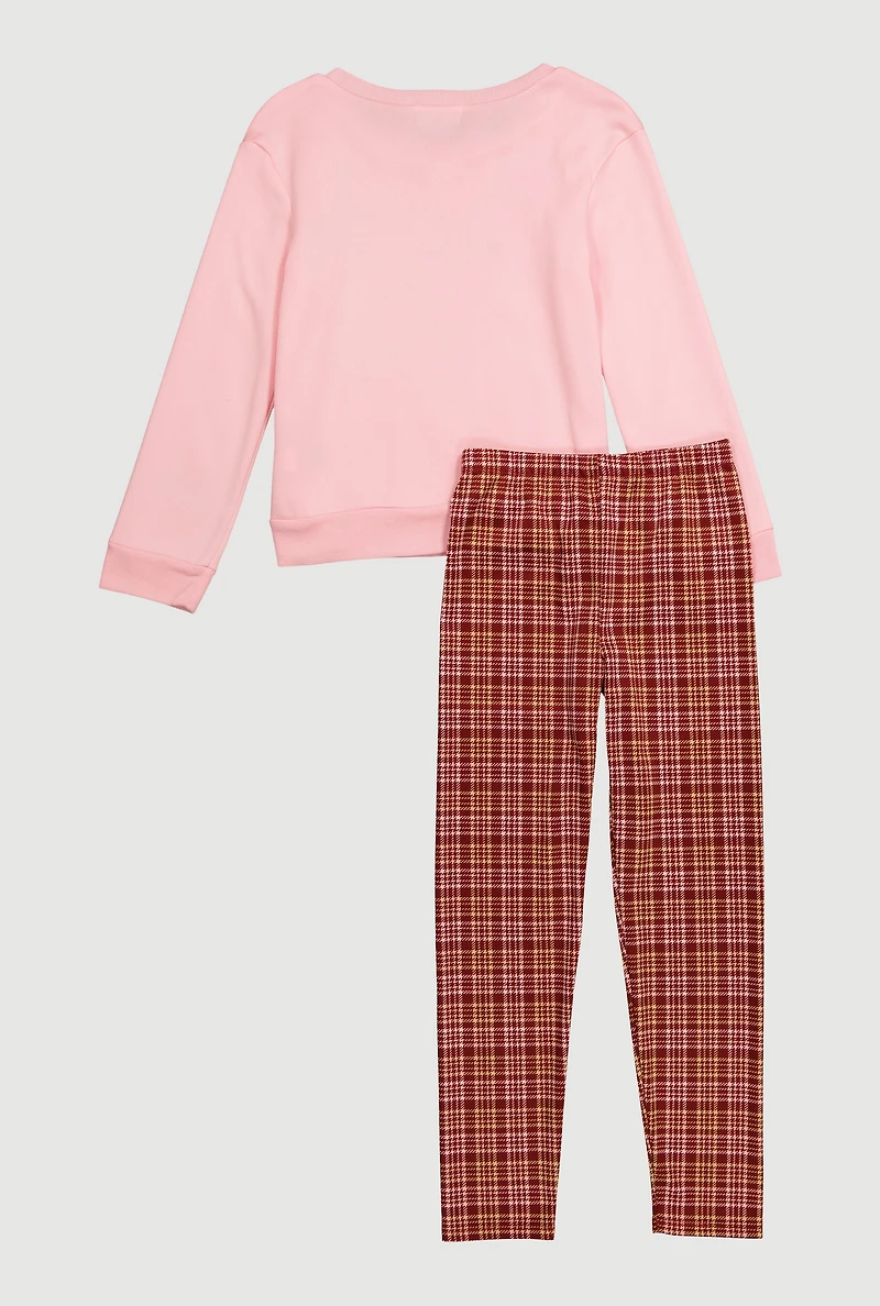 Girls Plaid Bow Graphic Sweatshirt and Leggings, Pink, Size 10-12