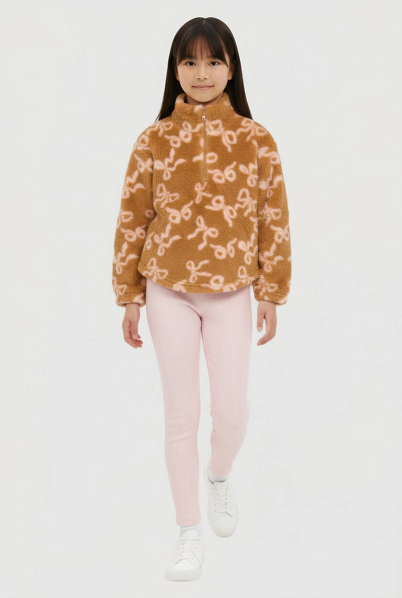 Girls Bow Print Sherpa Shacket and Rib Knit Leggings