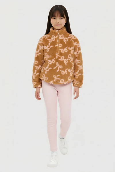 Girls Bow Print Sherpa Shacket and Rib Knit Leggings