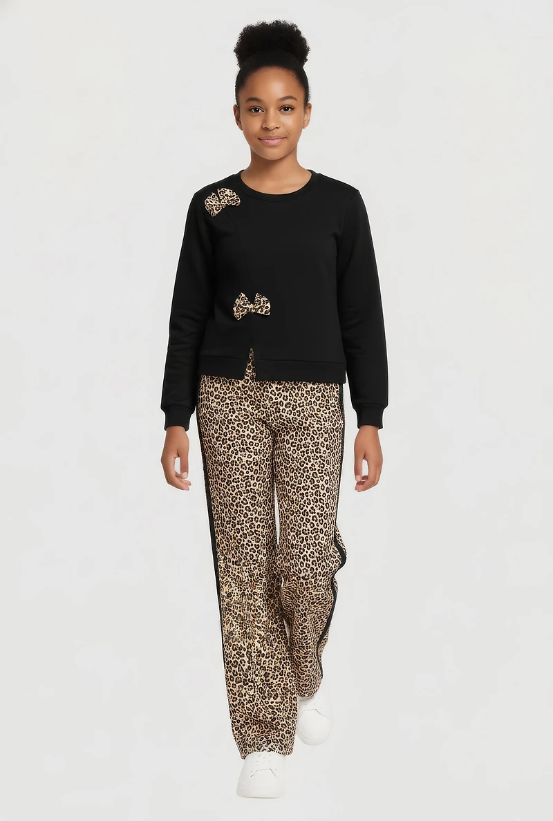 Girls Bow Detail Sweatshirt and Animal Print Pants