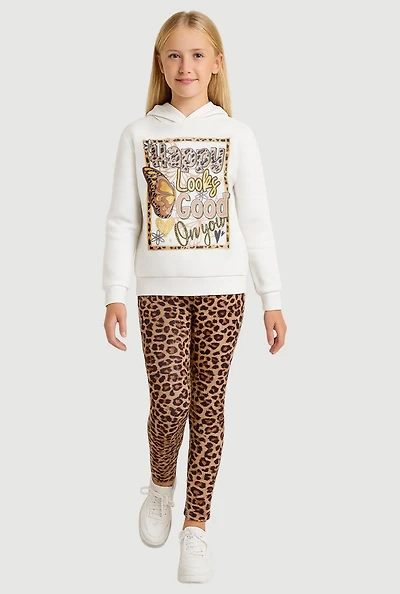 Girls Happy Looks Good On You Hoodie and Leopard Leggings, Multi, Size 10-12