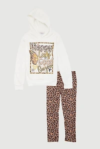 Girls Happy Looks Good On You Hoodie and Leopard Leggings, Multi, Size 10-12