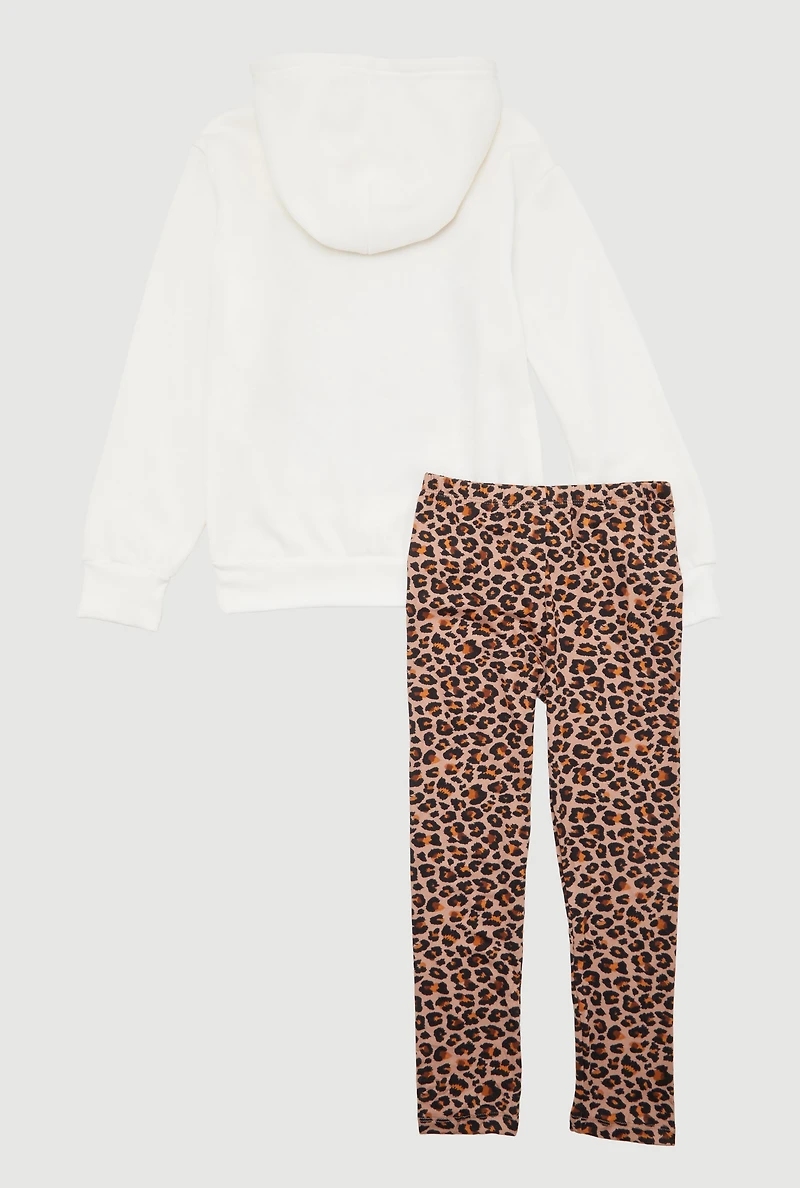 Girls Happy Looks Good On You Hoodie and Leopard Leggings, Multi, Size 10-12