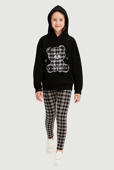 Girls Fleece Bear Graphic Hoodie and Plaid Leggings Set