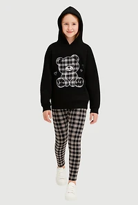 Girls Fleece Bear Graphic Hoodie and Plaid Leggings Set