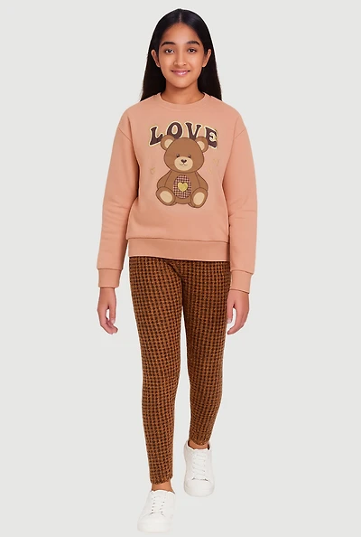 Girls Love Bear Sweatshirt and Houndstooth Leggings, Brown, Size 14-16