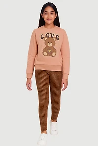 Girls Love Bear Sweatshirt and Houndstooth Leggings, Brown, Size 14-16