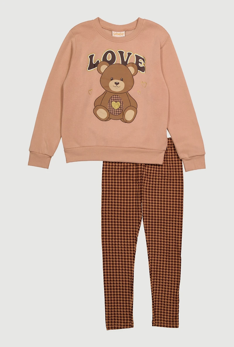 Girls Love Bear Sweatshirt and Houndstooth Leggings, Brown, Size 14-16