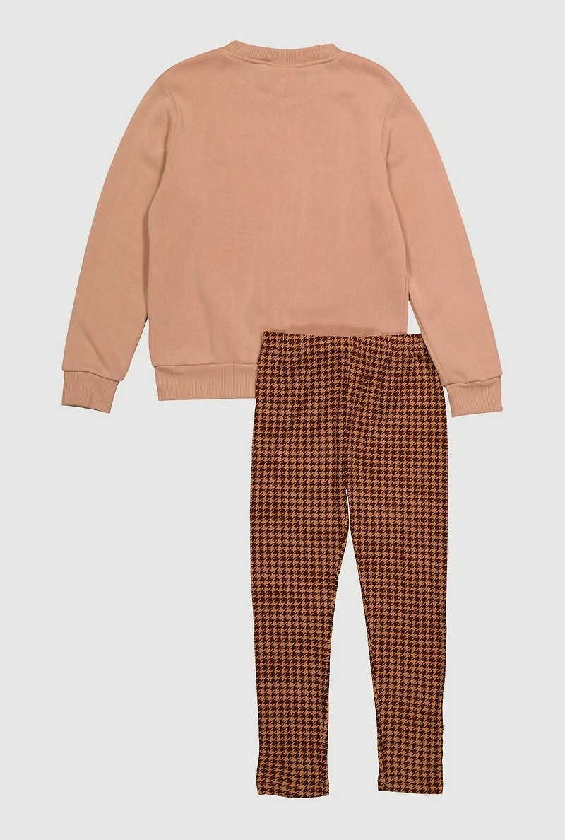 Girls Love Bear Sweatshirt and Houndstooth Leggings, Brown, Size 14-16