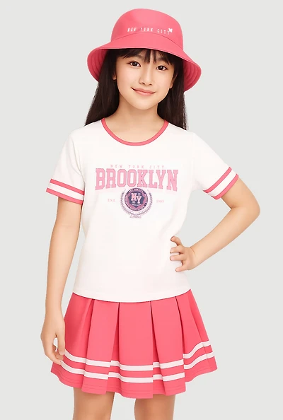 Girls Brooklyn Graphic Tee with Pleated Skort and Bucket Hat, Multi, Size M