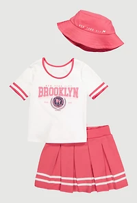 Girls Brooklyn Graphic Tee with Pleated Skort and Bucket Hat, Multi, Size M