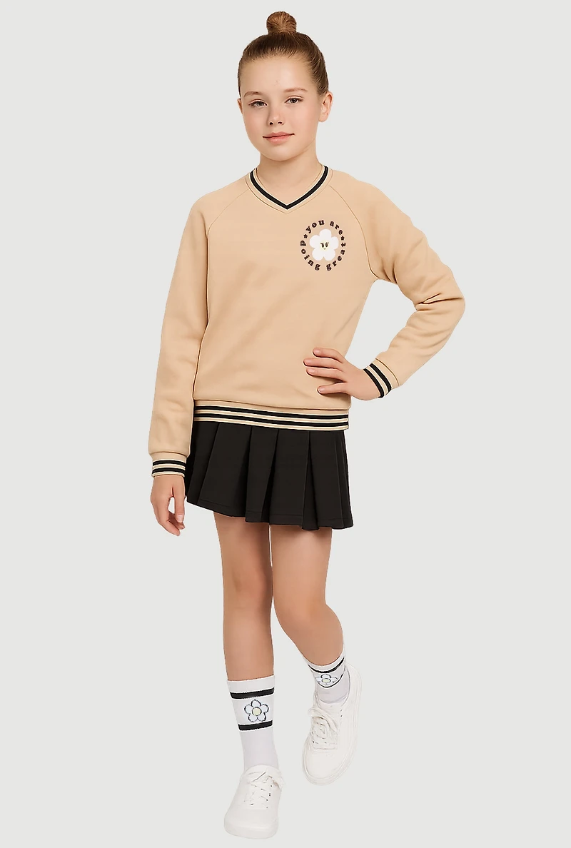 Girls You Are Doing Great Sweatshirt and Pleated Skirt Set, Beige, Size M