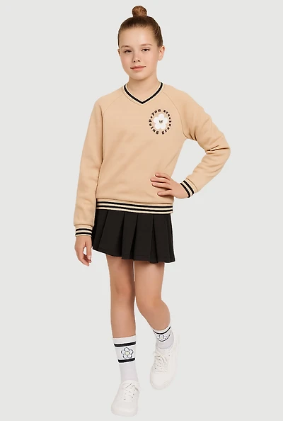 Girls You Are Doing Great Sweatshirt and Pleated Skirt Set, Beige, Size M