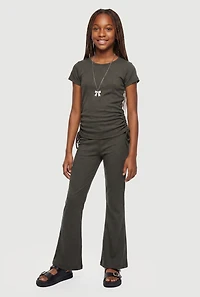 Girls Ribbed Knit Ruched Top and Flare Pants with Bow Necklace