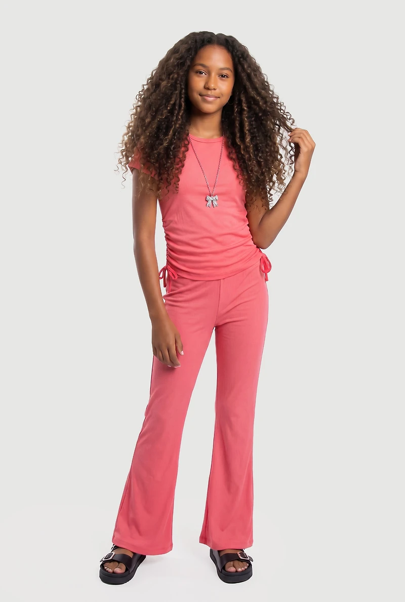 Girls Ribbed Knit Ruched Top and Flare Pants with Bow Necklace