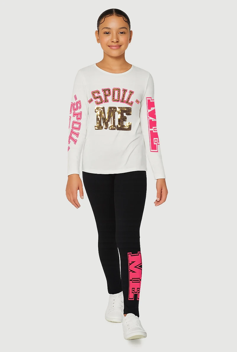 Girls Spoil Me Sequin Graphic Tee and Leggings, White, Size 7-8