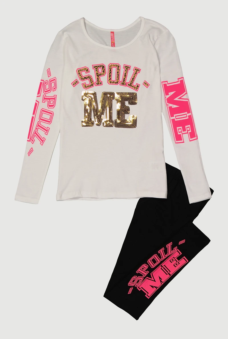 Girls Spoil Me Sequin Graphic Tee and Leggings, White, Size 7-8