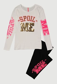 Girls Spoil Me Sequin Graphic Tee and Leggings, White, Size 7-8