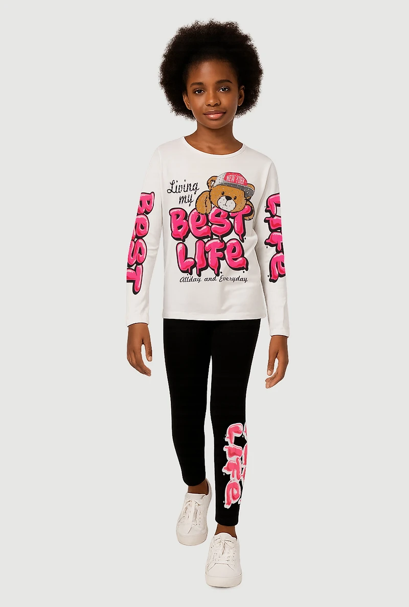 Girls Living My Best Life Graphic Tee and Leggings, White, Size 14-16