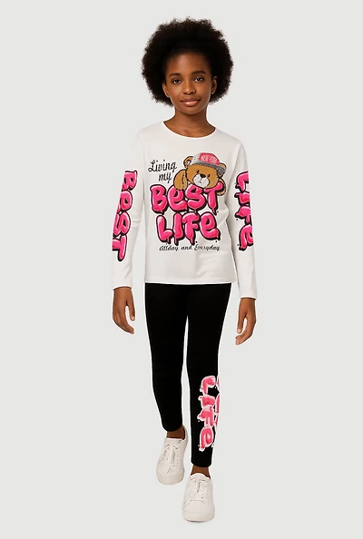 Girls Living My Best Life Graphic Tee and Leggings, White, Size 7-8