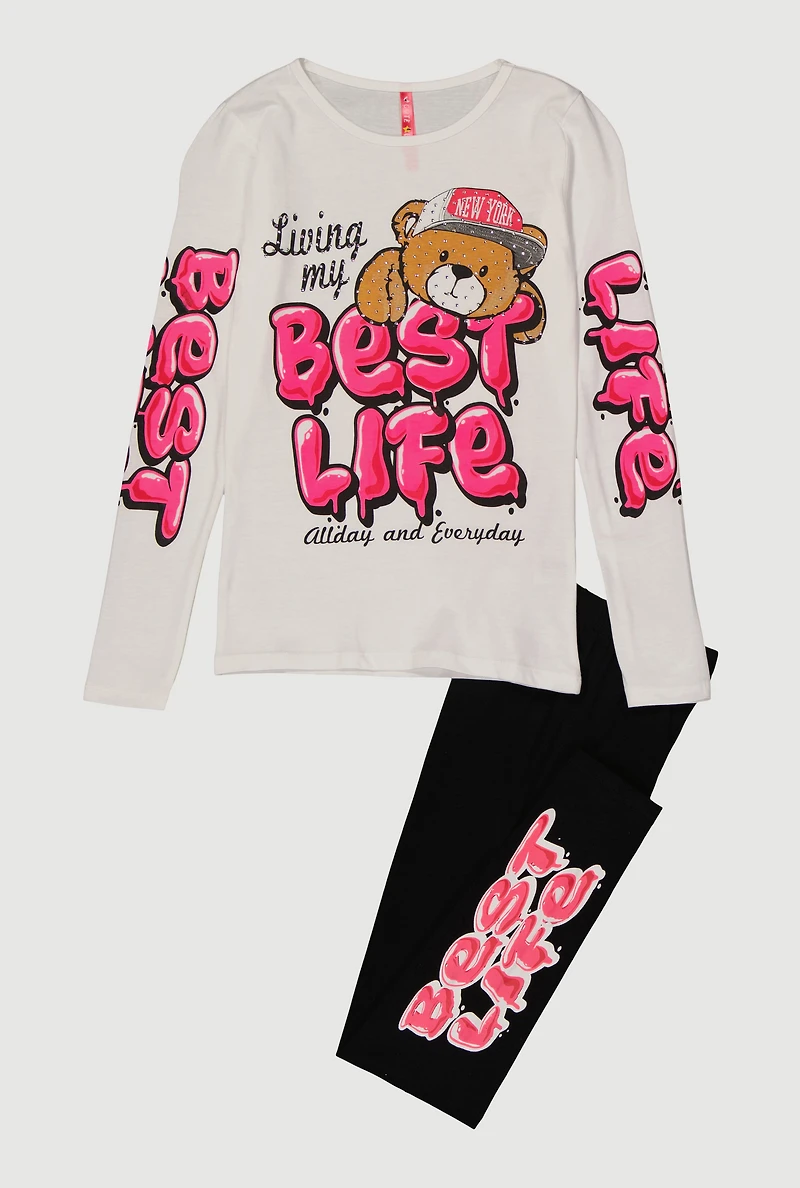 Girls Living My Best Life Graphic Tee and Leggings, White, Size 14-16