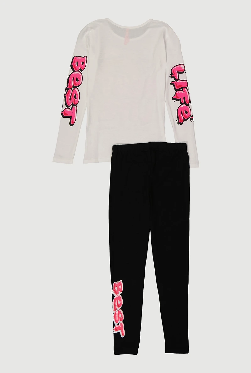 Girls Living My Best Life Graphic Tee and Leggings, White, Size 14-16