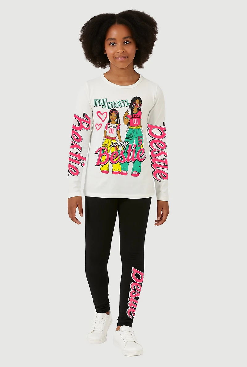 Girls Mom Is My Bestie Long Sleeve Graphic Tee and Leggings, White, Size 10-12