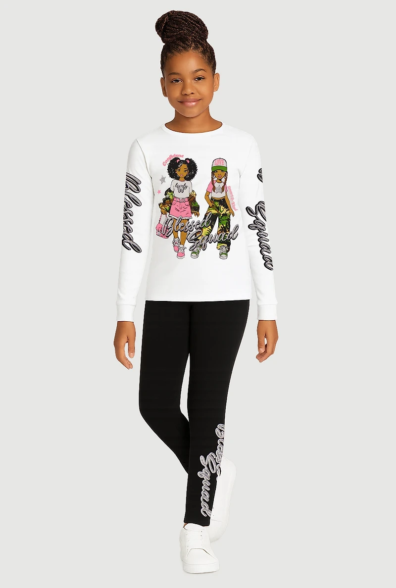 Girls Long Sleeve Blessed Squad Graphic Tee and Leggings, White, Size 7-8