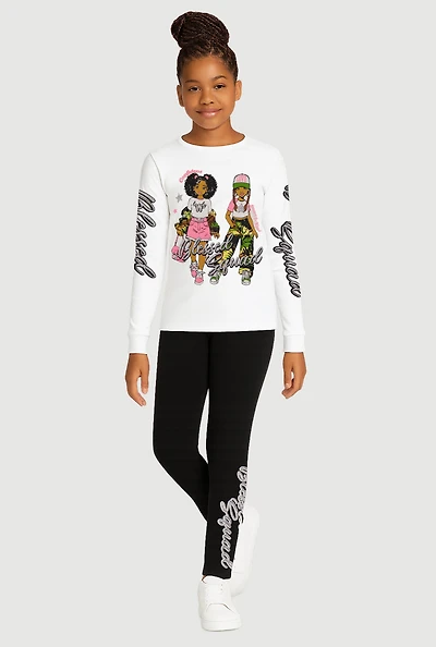 Girls Long Sleeve Blessed Squad Graphic Tee and Leggings, White, Size 7-8