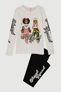 Girls Long Sleeve Blessed Squad Graphic Tee and Leggings, White, Size 7-8