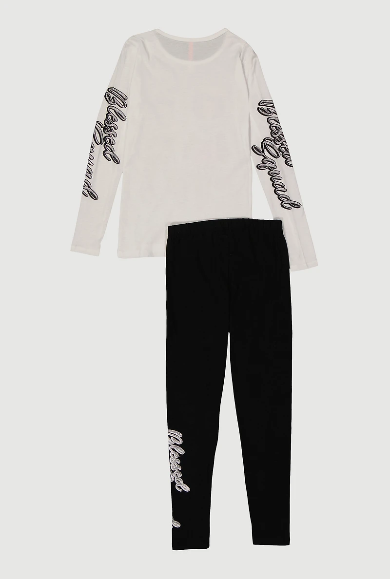 Girls Long Sleeve Blessed Squad Graphic Tee and Leggings, White, Size 7-8