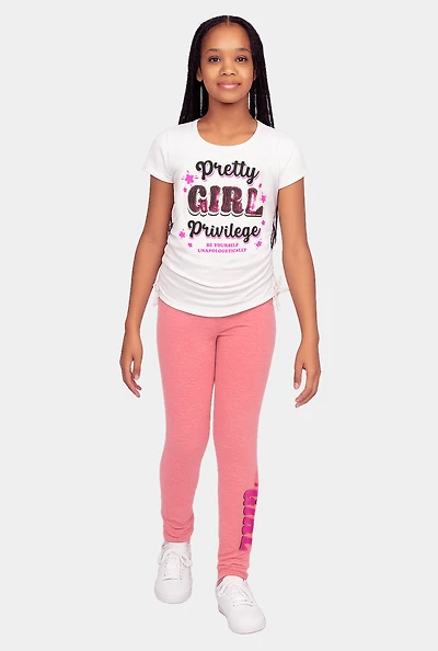 Girls Pretty Girl Ruched Side Graphic Tee and Leggings, Multi, Size 7-8