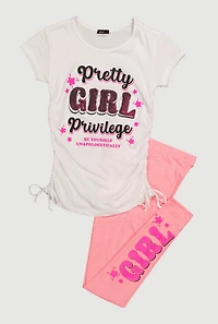 Girls Pretty Girl Ruched Side Graphic Tee and Leggings, Multi, Size 7-8