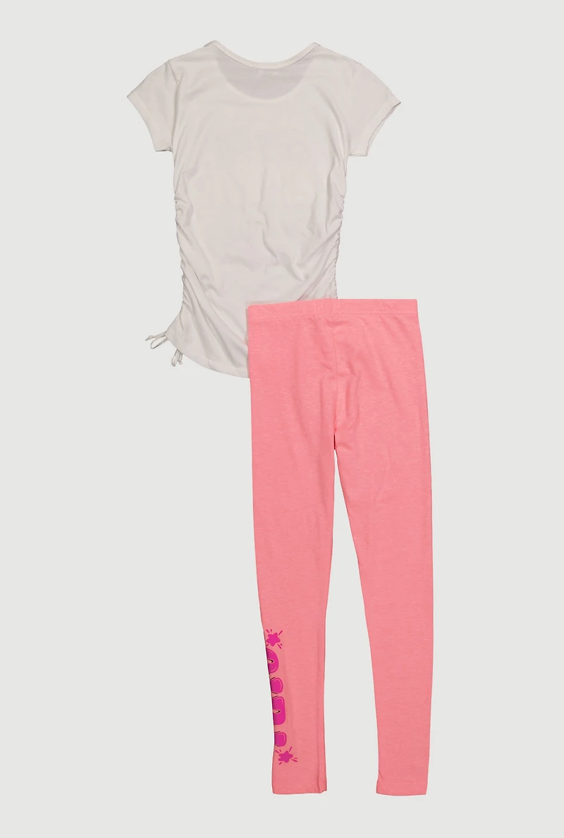Girls Pretty Girl Ruched Side Graphic Tee and Leggings, Multi, Size 7-8