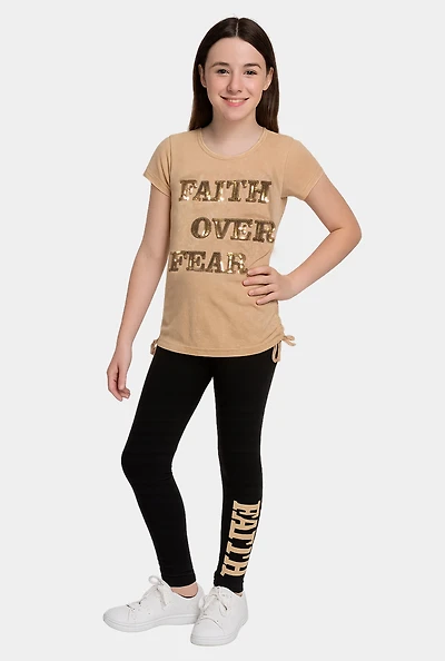 Girls Acid Wash Faith Over Fear Sequin Graphic Tee and Leggings, Beige, Size 14-16