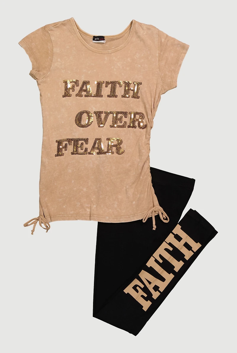 Girls Acid Wash Faith Over Fear Sequin Graphic Tee and Leggings