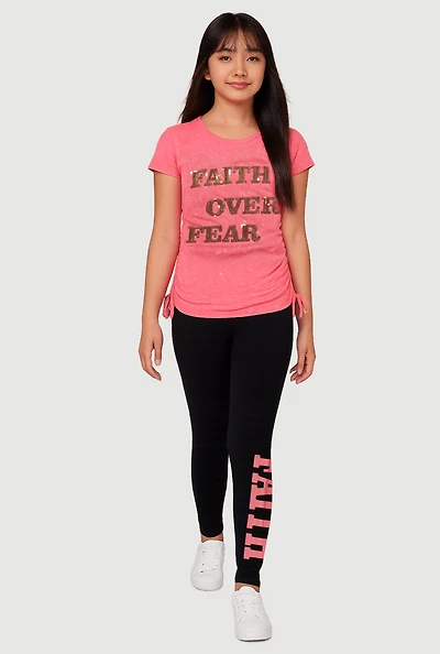 Girls Acid Wash Faith Over Fear Sequin Graphic Tee and Leggings, Multi, Size 14-16