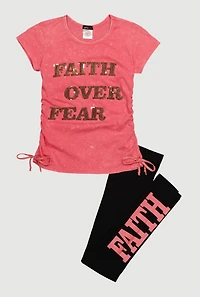 Girls Acid Wash Faith Over Fear Sequin Graphic Tee and Leggings, Multi, Size 10-12