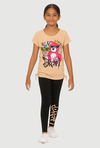 Girls Bear Graphic Crew Neck T-Shirt and Leggings Set, Beige, Size 7-8