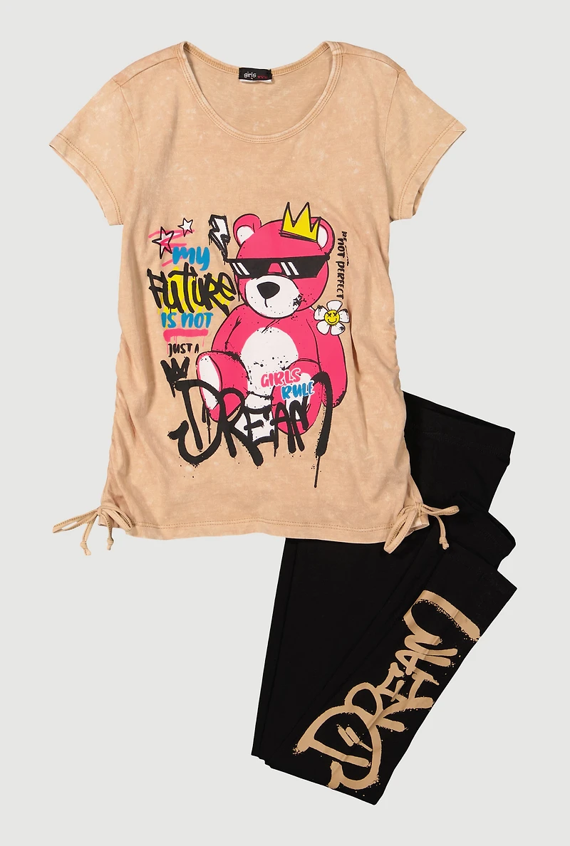 Girls Bear Graphic Crew Neck T-Shirt and Leggings Set, Beige, Size 7-8