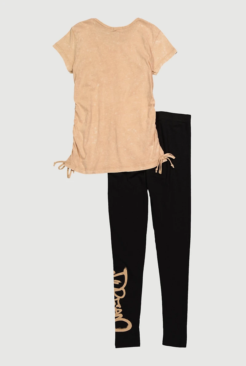 Girls Bear Graphic Crew Neck T-Shirt and Leggings Set, Beige, Size 7-8
