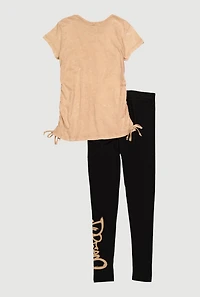 Girls Bear Graphic Crew Neck T-Shirt and Leggings Set, Beige, Size 7-8