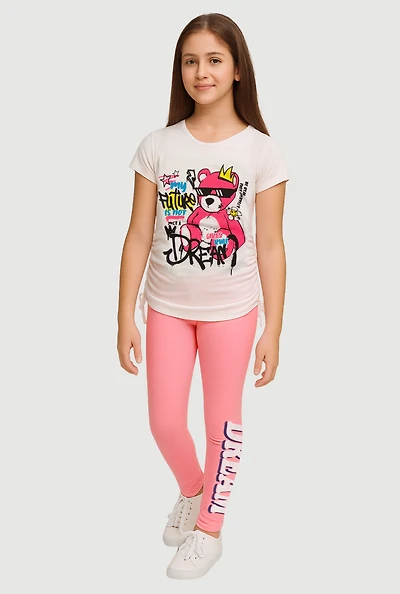 Girls Bear Graphic Crew Neck T-Shirt and Leggings Set, Pink, Size 7-8