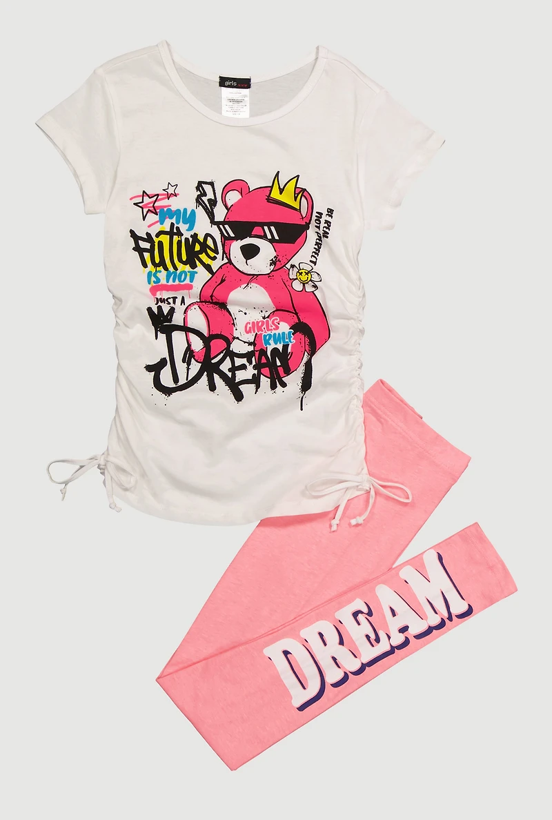 Girls Bear Graphic Crew Neck T-Shirt and Leggings Set, Pink, Size 7-8