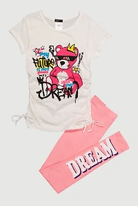 Girls Bear Graphic Crew Neck T-Shirt and Leggings Set, Pink, Size 7-8